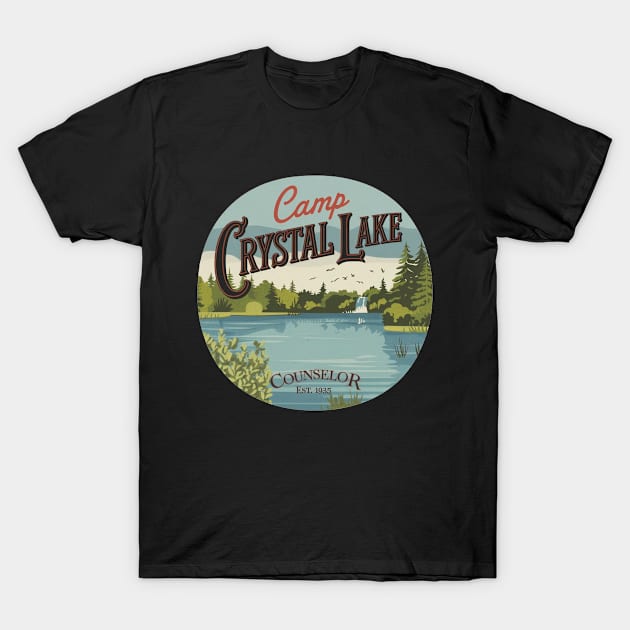 Black Camp Crystal Lake graphic T-shirt with retro outdoor design, perfect for casual wear or camping enthusiasts.