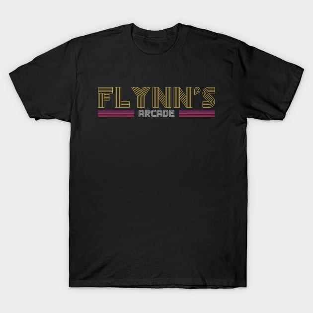 Black retro-style "Flynn's Arcade" graphic T-shirt, casual wear, cotton material, perfect for gaming enthusiasts.