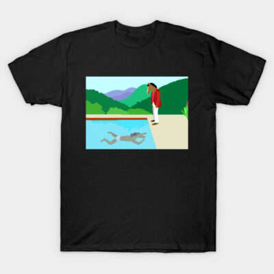 Black T-shirt with abstract poolside scene design, featuring horse and landscape. Casual, 100% cotton, unisex style.