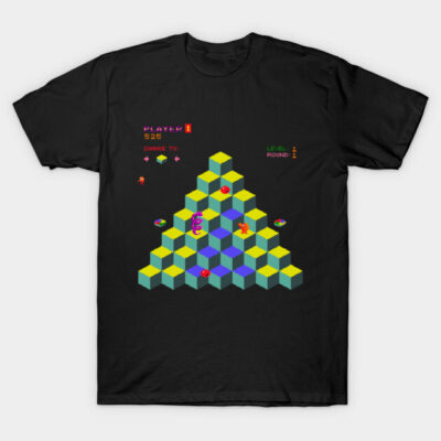 Black t-shirt with retro video game design, colorful geometric pattern, casual wear, cotton material.