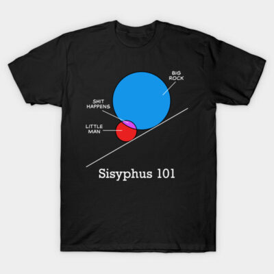 Black cotton t-shirt with "Sisyphus 101" graphic, featuring blue and red diagram. Ideal for casual wear.