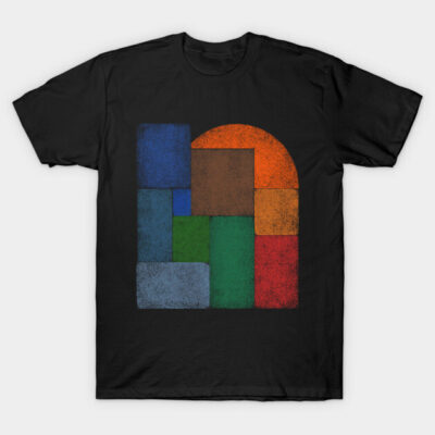Black t-shirt with colorful abstract geometric design, casual style, soft cotton fabric, perfect for everyday wear.