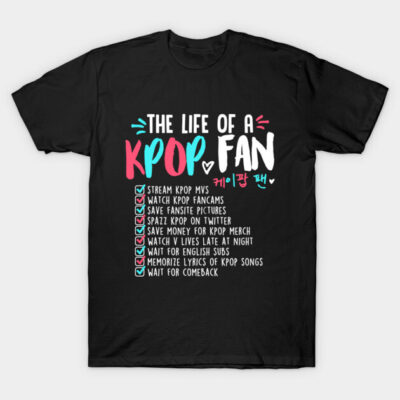 Black "The Life of a Kpop Fan" T-shirt with colorful text design, casual style, perfect for Kpop enthusiasts.
