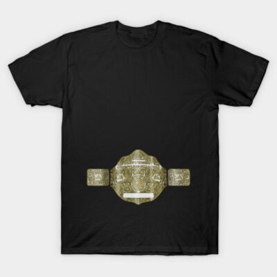 Black T-shirt featuring gold championship belt design, casual wear, unisex cotton material, perfect for sports fans.