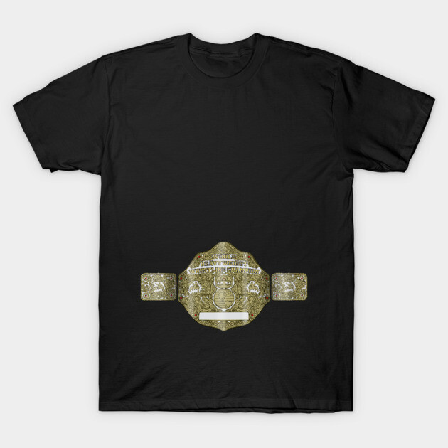 Black T-shirt featuring gold championship belt design, casual wear, unisex cotton material, perfect for sports fans.