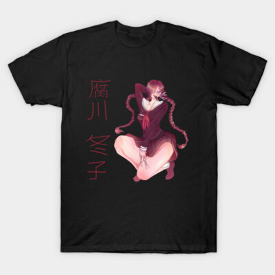 Black anime-themed t-shirt featuring character design with pink accents and Japanese text, perfect for casual wear.