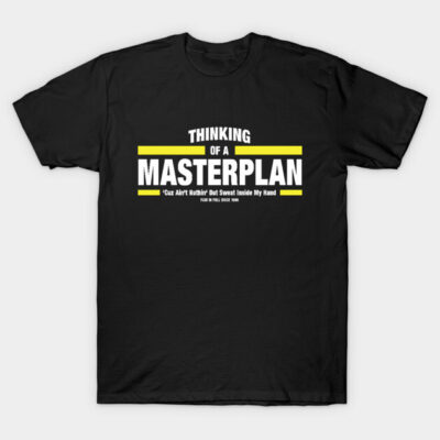 Black unisex t-shirt with "Thinking of a Masterplan" graphic text, casual style, 100% cotton.