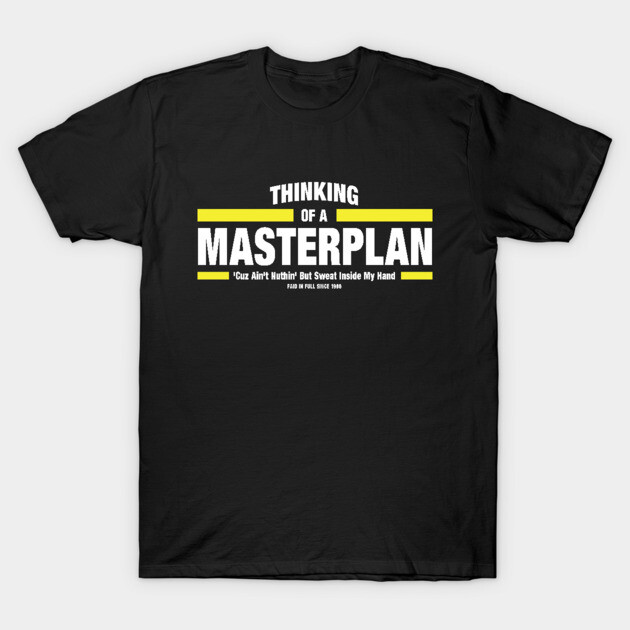 Black unisex t-shirt with "Thinking of a Masterplan" graphic text, casual style, 100% cotton.