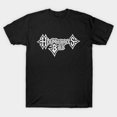Black t-shirt with "Headbangers Ball" in white gothic font, casual style, 100% cotton, perfect for music lovers.