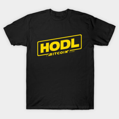 Black cotton t-shirt with yellow "HODL" Bitcoin-themed graphic, casual style, ideal for cryptocurrency enthusiasts.