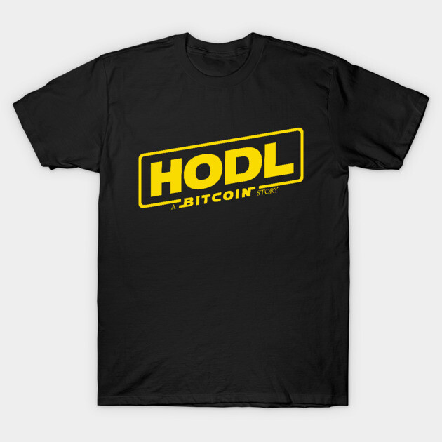 Black cotton t-shirt with yellow "HODL" Bitcoin-themed graphic, casual style, ideal for cryptocurrency enthusiasts.