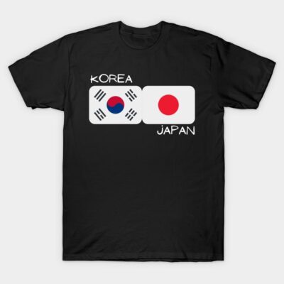Black t-shirt featuring South Korea and Japan flags, casual style, soft cotton fabric, ideal for cultural enthusiasts.