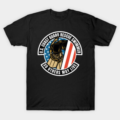 Black t-shirt featuring U.S. Coast Guard Rescue Swimmer emblem with American flag design, ideal for casual wear.