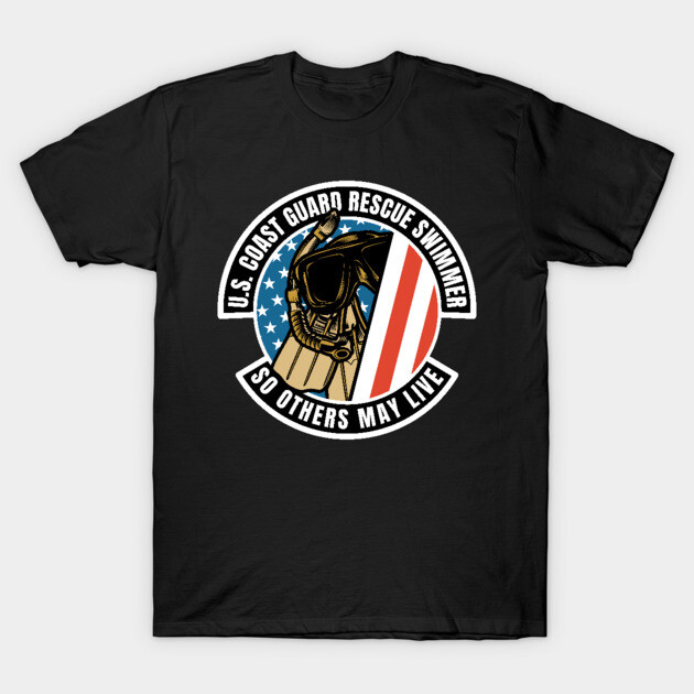 Black t-shirt featuring U.S. Coast Guard Rescue Swimmer emblem with American flag design, ideal for casual wear.