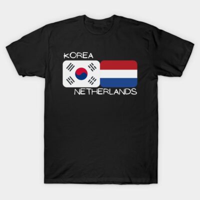Black t-shirt with Korea and Netherlands flags print, casual style, cotton material, unisex design.