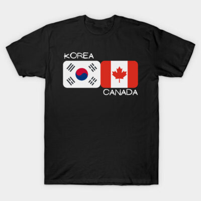 Black T-shirt featuring Korea and Canada flag design, casual wear, cotton blend, unisex style.