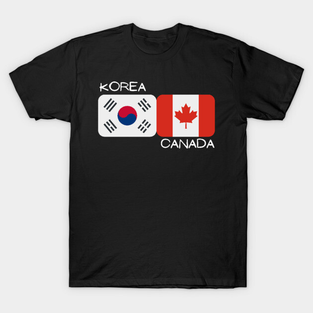 Black T-shirt featuring Korea and Canada flag design, casual wear, cotton blend, unisex style.