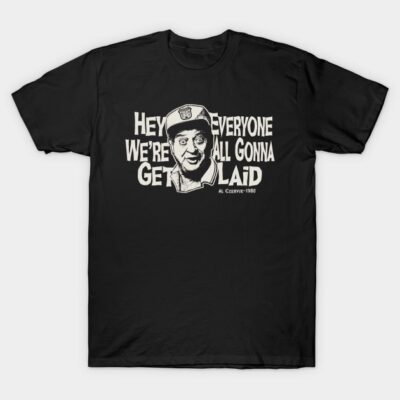 Black graphic t-shirt with humorous text and illustration, casual wear made of soft cotton fabric, unisex style.