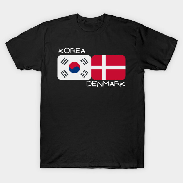 Black t-shirt with Korea and Denmark flags design, cotton material, casual style, unisex.