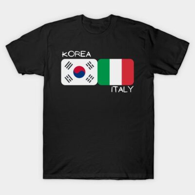 "Black t-shirt with Korea and Italy flag design, casual style, cotton material, ideal for international fans."