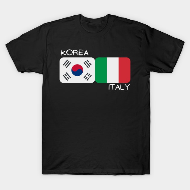 "Black t-shirt with Korea and Italy flag design, casual style, cotton material, ideal for international fans."