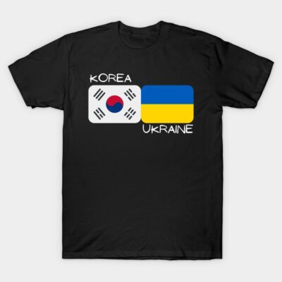 Black t-shirt with South Korea and Ukraine flags design, casual wear, cotton material, unisex style.