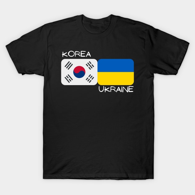 Black t-shirt with South Korea and Ukraine flags design, casual wear, cotton material, unisex style.