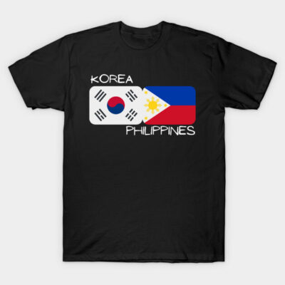 Black T-shirt featuring Korea and Philippines flags, casual style, cotton material, ideal for cultural events or gifting.