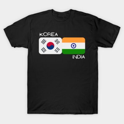 Black t-shirt featuring South Korea and India flags, casual style, ideal for cultural events or everyday wear.