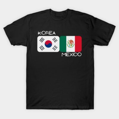 Black T-shirt featuring Korea and Mexico flags design, casual style, 100% cotton, unisex, perfect for everyday wear.