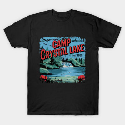 Black "Camp Crystal Lake" graphic t-shirt, vintage outdoor design, casual wear, cotton material.