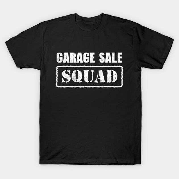 Black "Garage Sale Squad" T-shirt, bold white text, casual style, cotton material, perfect for casual wear or events.