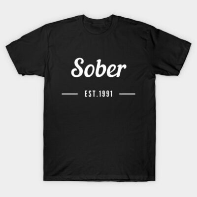 Black t-shirt with "Sober Est. 1991" print, casual style, cotton material, perfect for everyday wear and gifting.