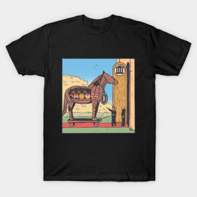 Black cotton t-shirt featuring a colorful Trojan horse illustration, perfect for casual wear or gifting.