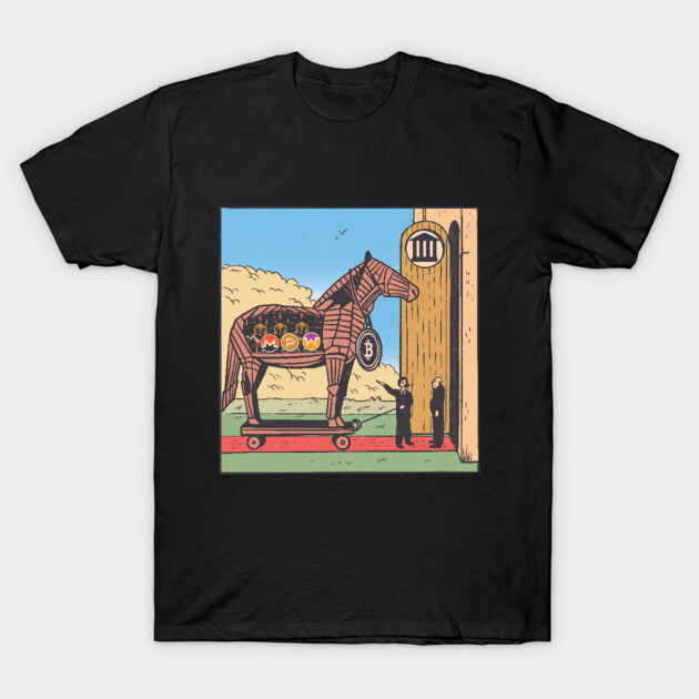 Black cotton t-shirt featuring a colorful Trojan horse illustration, perfect for casual wear or gifting.