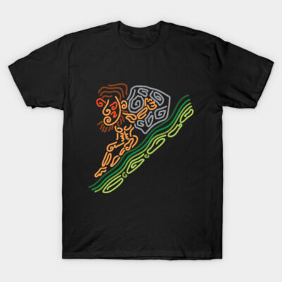 Black t-shirt with colorful abstract design, featuring orange, gray, and green line art. Casual wear, cotton material.