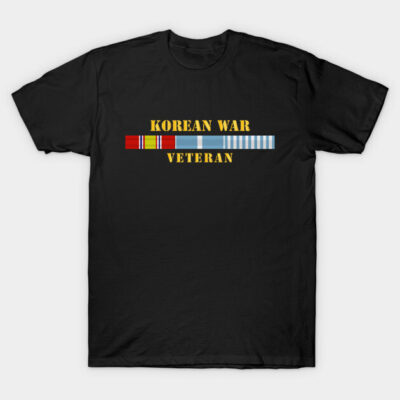 Black "Korean War Veteran" t-shirt with colorful ribbon design, cotton fabric, casual wear. Perfect for veterans.