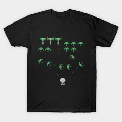 Black t-shirt with retro space game design, featuring pixelated green and gray ships. Cotton material, casual style.