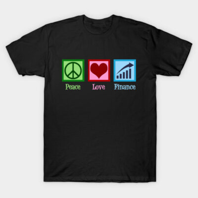 Black cotton T-shirt with "Peace Love Finance" graphic in green, red, and blue. Casual wear for finance enthusiasts.
