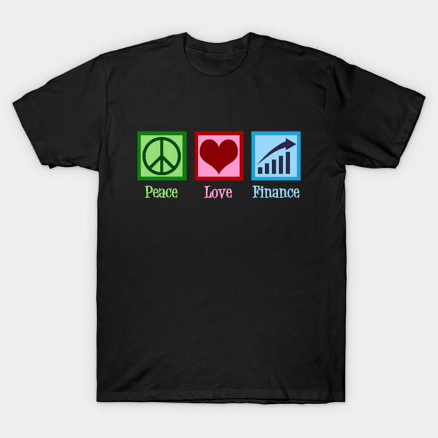 Black cotton T-shirt with "Peace Love Finance" graphic in green, red, and blue. Casual wear for finance enthusiasts.