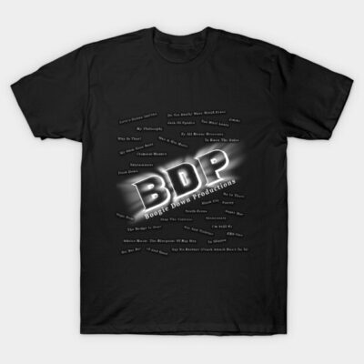 Black graphic t-shirt with "BDP Boogie Down Productions" text, casual style, cotton material, perfect for music fans.