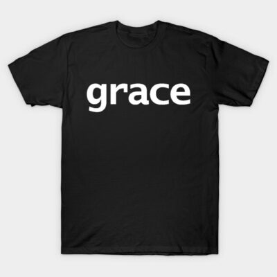 "Black cotton t-shirt with white 'grace' text, casual unisex style for everyday wear."