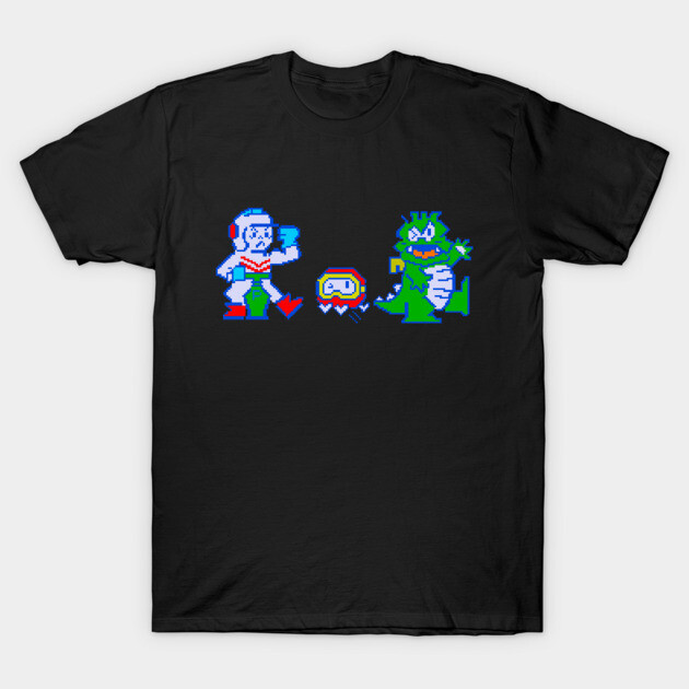 Black t-shirt featuring retro pixel art characters, perfect for casual wear. Made from 100% cotton for comfort.