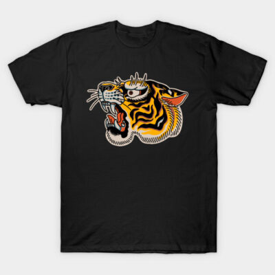 Black t-shirt with bold tiger graphic, casual style, 100% cotton, suitable for everyday wear.
