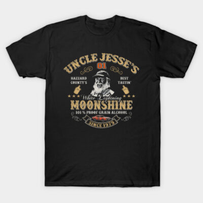 Black graphic t-shirt featuring vintage moonshine design with text and illustration, ideal for casual wear.