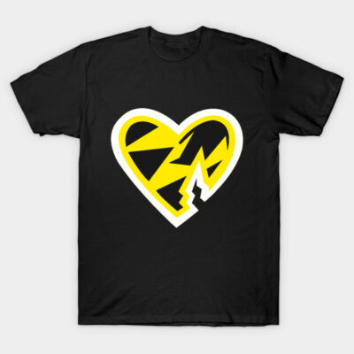 Black t-shirt with bold yellow and black abstract heart design, perfect for casual wear. Cotton material, unisex style.