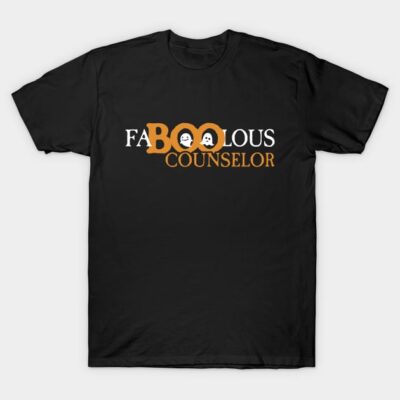Black "Faboolous Counselor" T-shirt with ghost design, perfect for Halloween. Made from soft cotton, casual style.