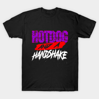Black graphic t-shirt with bold "Hotdog and a Handshake" text in purple, red, and white. Casual cotton tee.