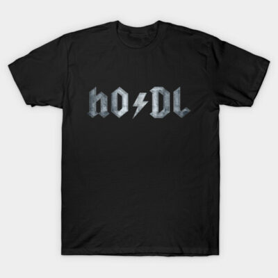 Black "HODL" t-shirt featuring metallic text design, casual style, perfect for cryptocurrency enthusiasts.