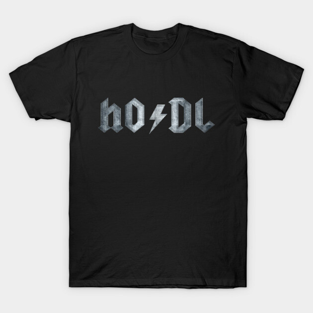 Black "HODL" t-shirt featuring metallic text design, casual style, perfect for cryptocurrency enthusiasts.